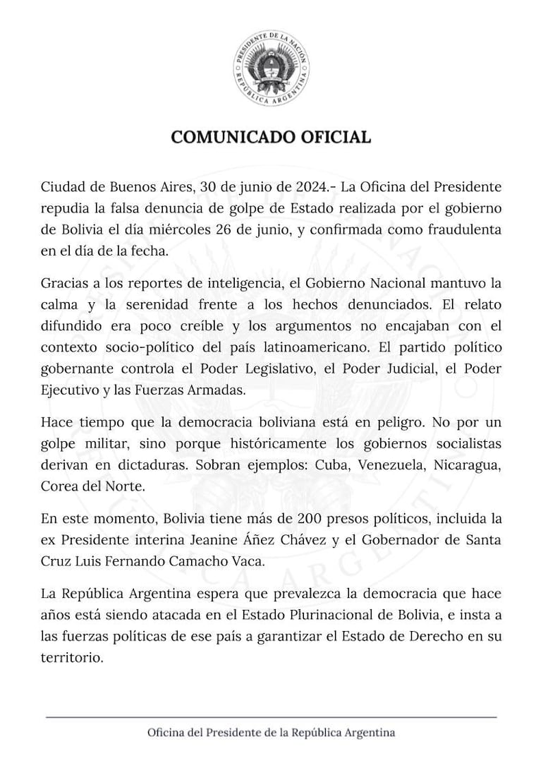 Comunica de la Presidencia de Argentina.