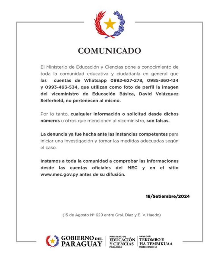 Comunicado del Ministerio de Educación y Ciencias.