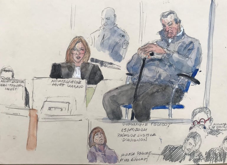 TOPSHOT - This court sketch created at the Avignon courthouse in Avignon, south-eastern France, on November 25, 2024, shows defendant Dominique Pelicot (Top R) during his trial in which he is accused of drugging his wife Gisele Pelicot (Bottom C) for nearly ten years and inviting strangers to rape her at their home in Mazan, a small town in the south of France. On November 25, 2024, the public prosecutor's office called for the maximum sentence of 20 years' imprisonment for Dominique Pelicot, who for a decade drugged, raped and then had his wife raped by dozens of men recruited over the Internet in south-east France. (Photo by Benoit PEYRUCQ / AFP)