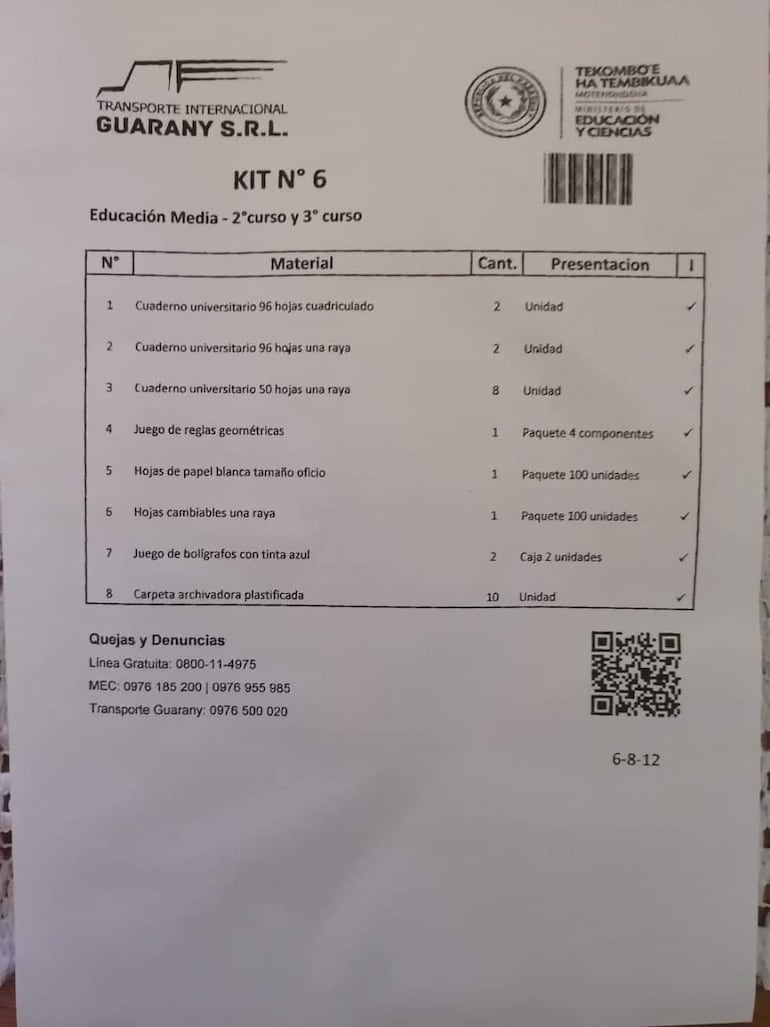 Lista de útiles escolares recibidos el año pasado, según Unepy.