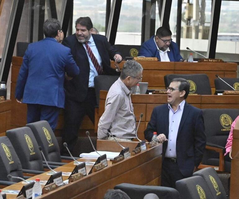 Los diputados Celso Kennedy y Pastor Vera Bejarano (ambos PLRA) dialogan antes de la sesión, mientras de fondo sus correligionarios Rodrigo Blanco y Enrique Mineur se saludan en su último día de sesión ordinaria.