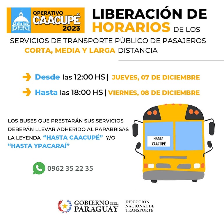 Comunicado de la Dinatran sobre liberación de horario de buses de corta media y larga distancia para la festividad de la Virgen de Caacupé 2023.