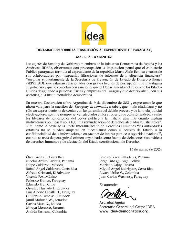 Comunicado de los miembros de la Iniciativa Democracia de España y las
Américas (IDEA).