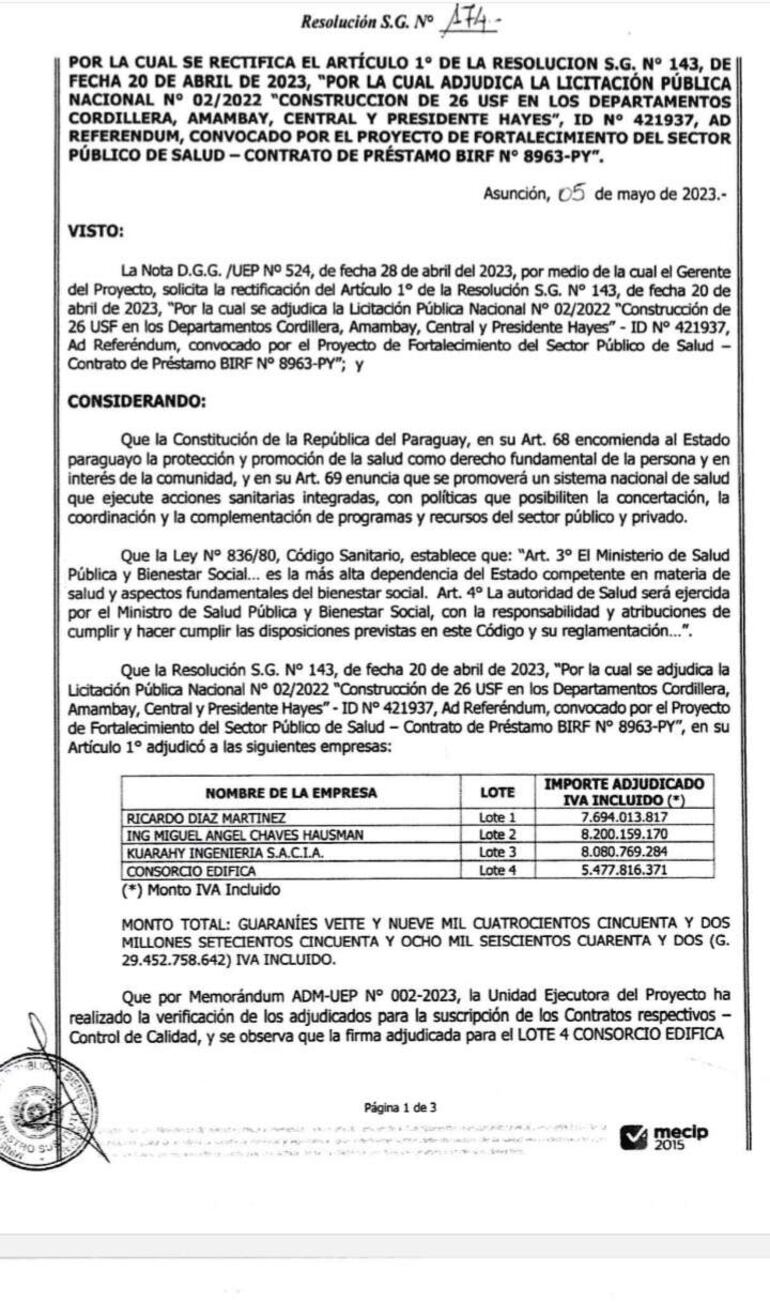 El Ministerio rescindió contrato con las empresas que fueron adjudicadas para la construcción de 26 USF en varios departamentos, entre ellos Central.