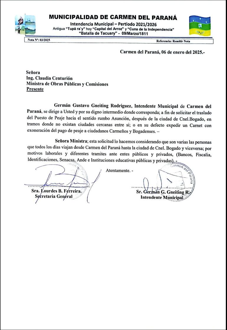 Nota remitida por el intendente de Carmen del Paraná, Germán Gneiting, a la ministra de obras públicas, en la que pide el traslado del puesto de peaje fuera de la ciudad de Coronel Bogado.