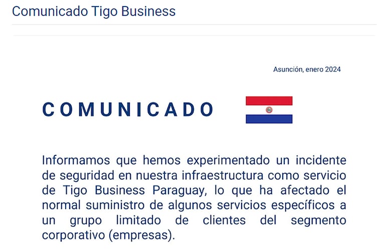 Parte del comunicado que emitió la empresa Tigo  a nivel local, sobre el incidente de seguridad.