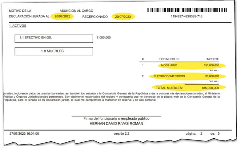 Última declaración jurada presentada por Hernán Rivas Román al asumir como senador colorado y presidente del JEM.