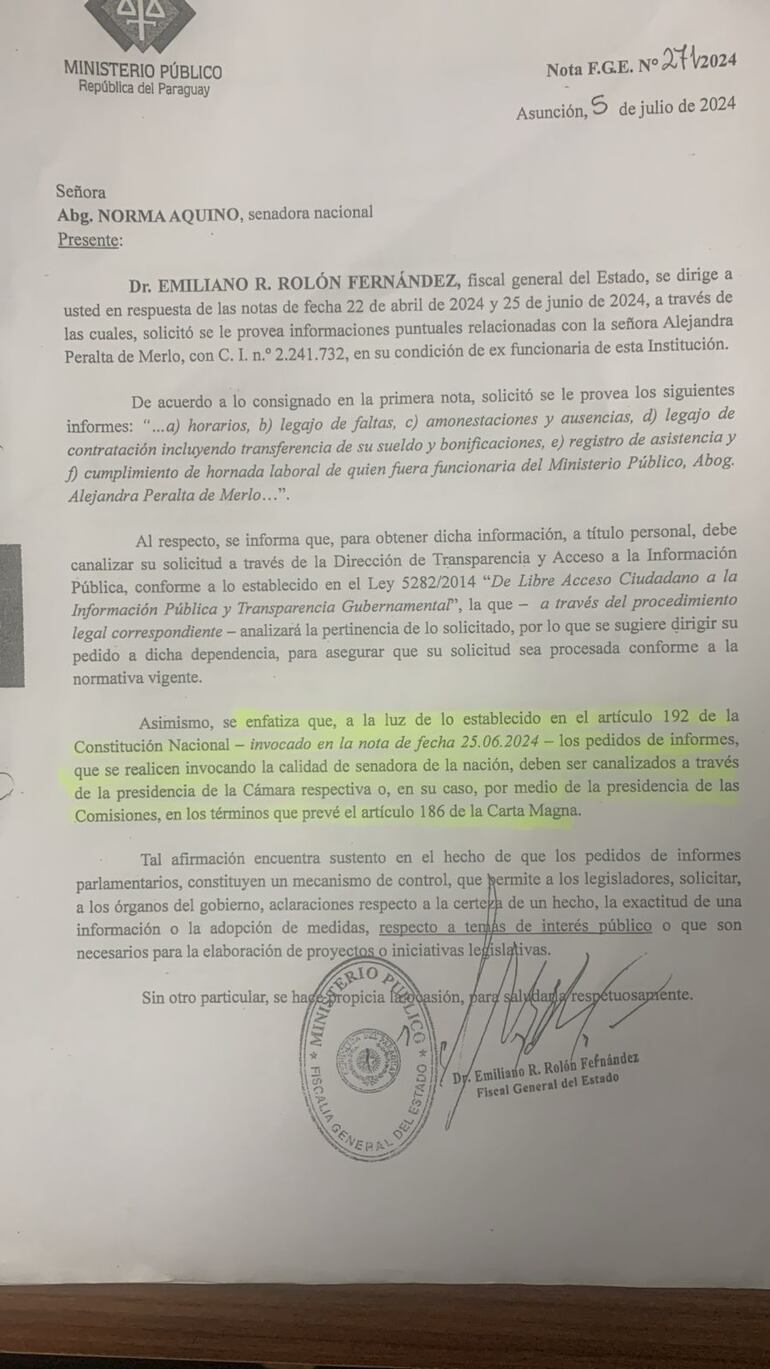 Respuesta del fiscal general del Estado, Emiliano Rolón a la senadora cartista Norma Aquino.