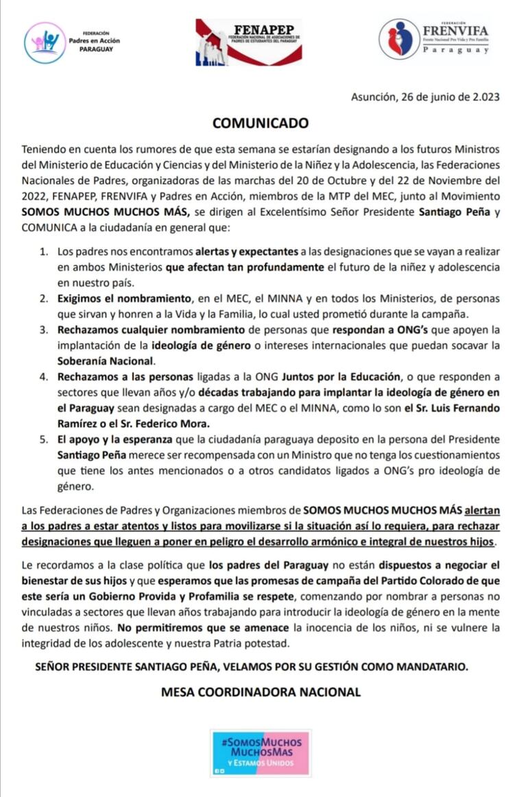 Comunicado de las Organizaciones "Provida" exigiendo el nombramiento de ministros a su medida.