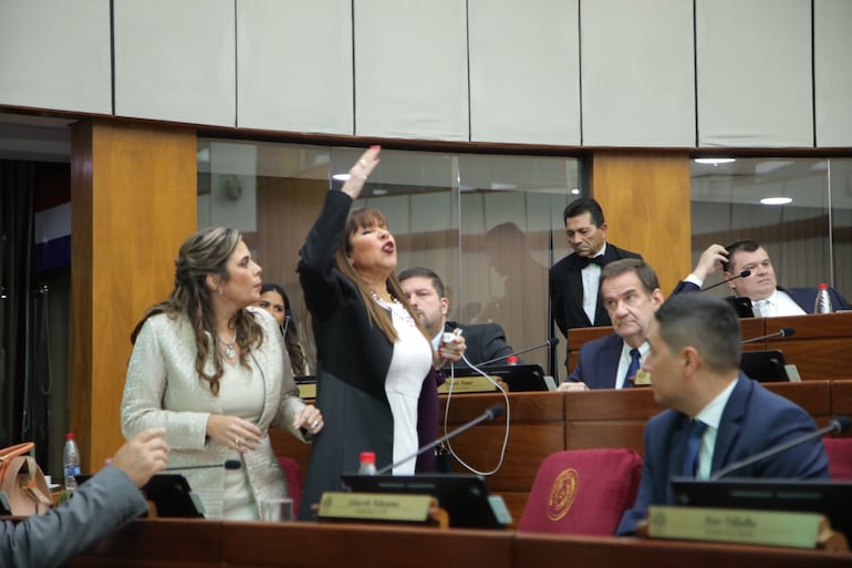 La senadora Celeste Amarilla (PLRA) gesticula y repudia actuación de colorados. Foto: Gentileza Senado.