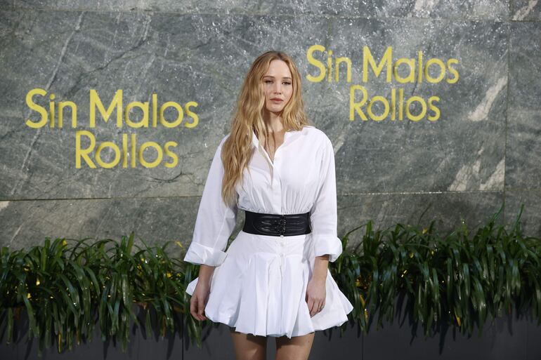 La actriz Jennifer Lawrence en su paso por la presentación de la película en Madrid, donde lleva el nombre de "Sin malos rollos".