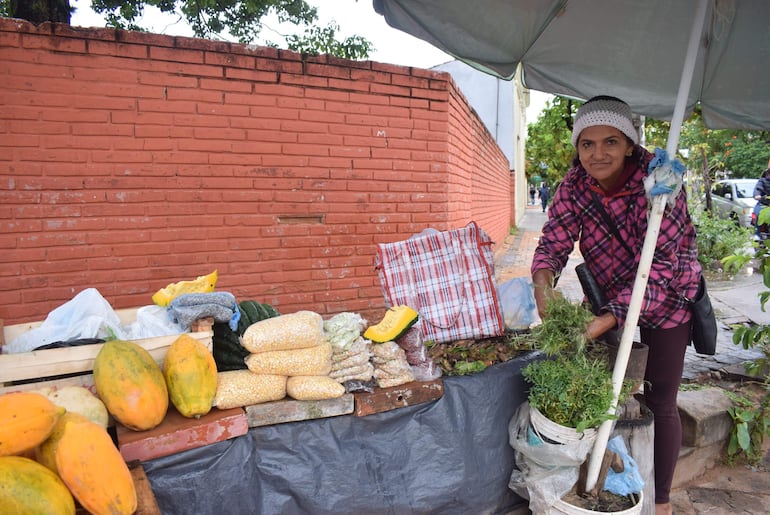 El puesto de venta de Mariana Viveros se encuentra en la vereda del local de la Copaco en Carapeguá.