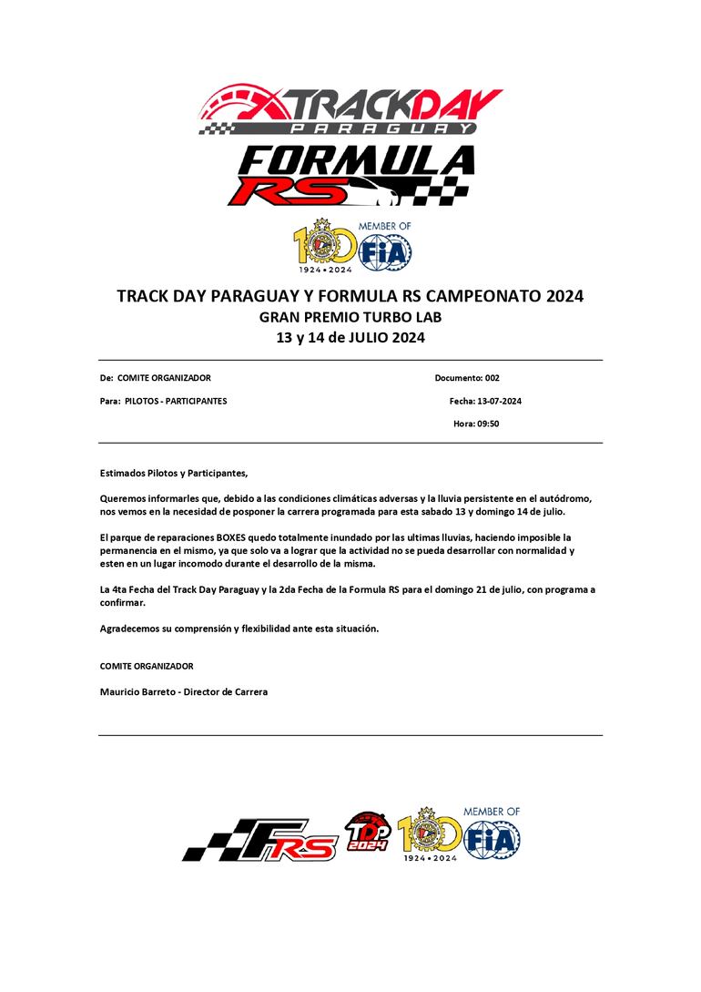 Documento 002, emanado desde la organización del Track Day Paraguay y Fórmula RS.