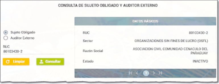 Consulta realizada en la página web de la Seprelad, donde figura como inactiva la Asociación Civil Cenáculo del Paraguay.