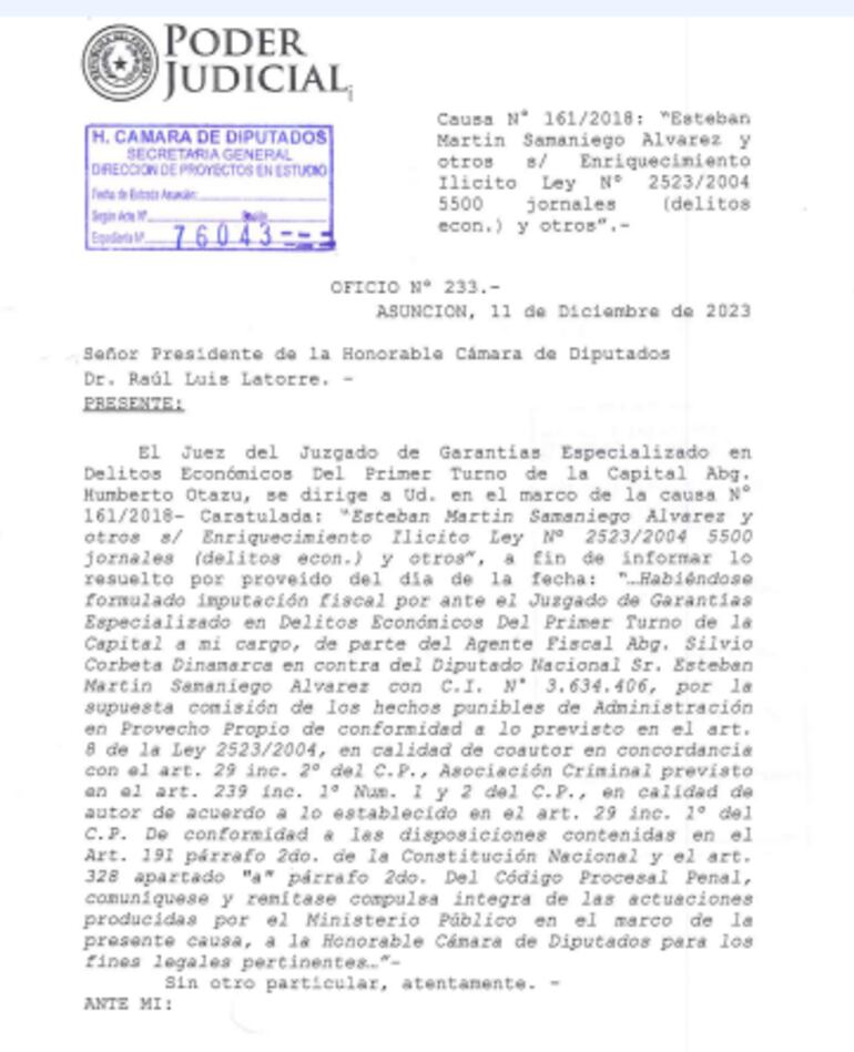 Documento del Poder judicial en el que se remite al titular de la Cámara de Diputados, el pedido de desafuero para el diputado Esteban Samaniego (ANR).