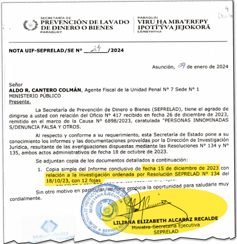 El 9 de enero de 2024, Alcaraz envió la respuesta, adjuntando 12 fojas del informe, mientras que el original tiene  24 hojas.