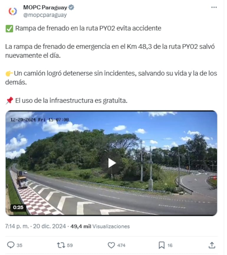 Un camión utilizó ayer la rampa de frenado en Pedrozo, Ypacaraí, y se salvó de un terrible accidente. La ciudadanía se enfocó en una aclaración del MOPC.