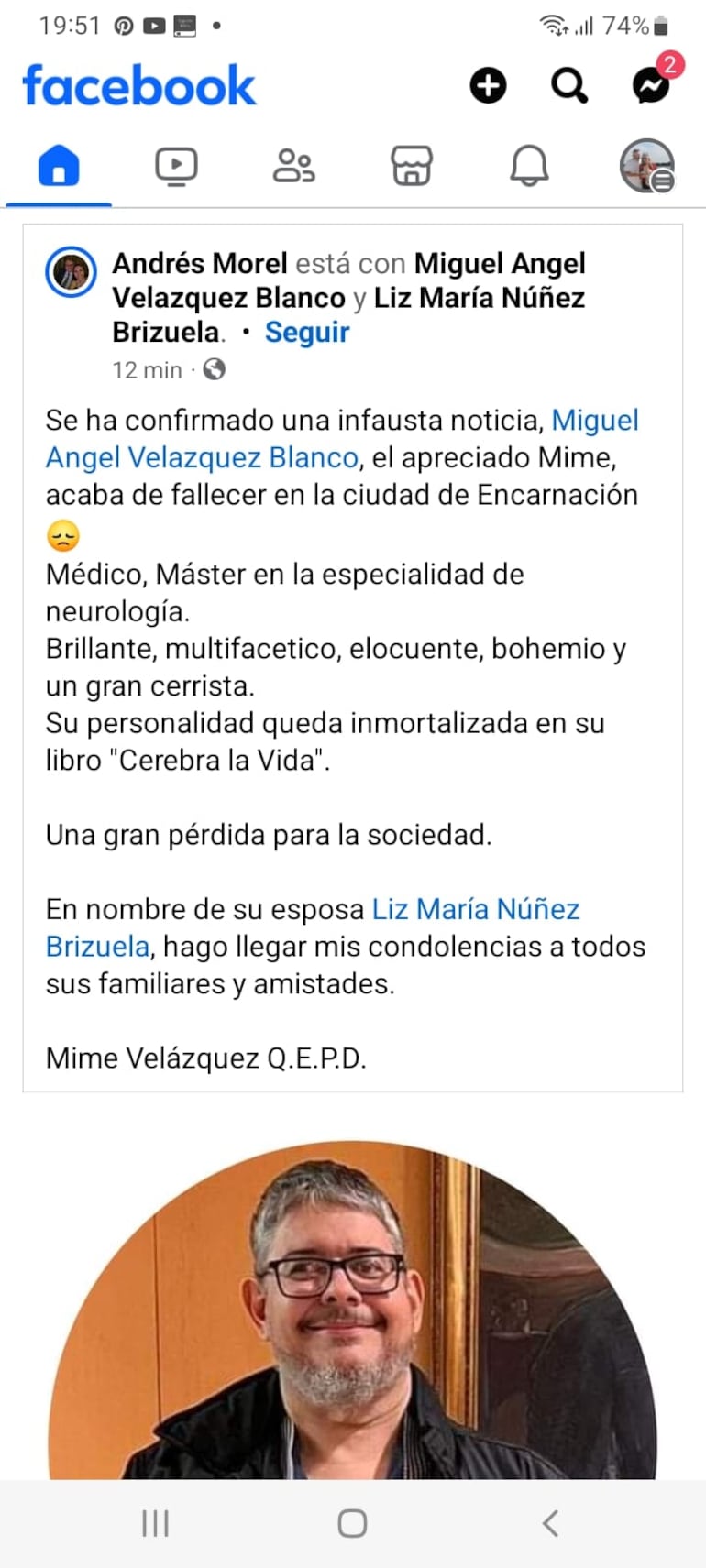 Publicación de Andrés Morel sobre el fallecimiento del Doctor Mime, Miguel Ángel Velázquez Blanco.