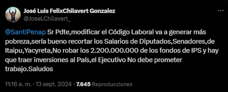 Escrito de José Luis Chilavert a Santiago Peña ante su intención de modificar el Código Laboral.