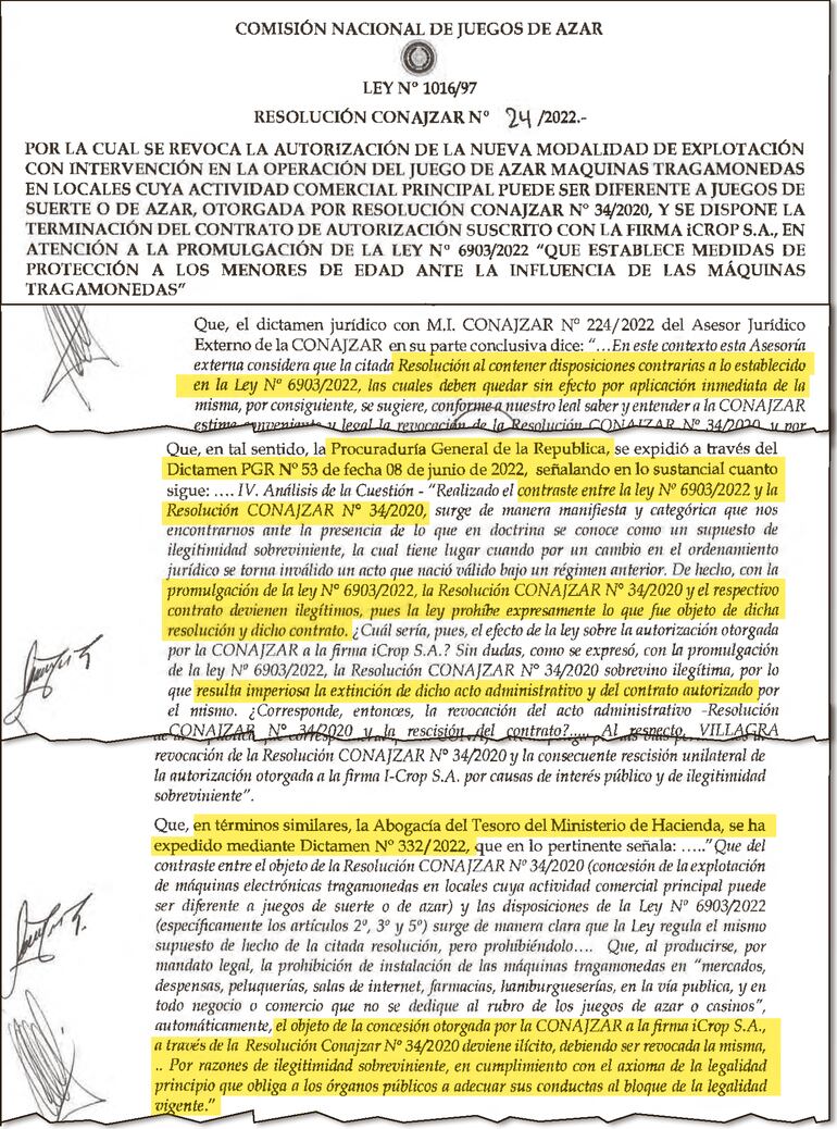 Facsímil de los argumentos del asesor externo de Conajzar, Jorge Zárate Leiva, Procuraduría General de la República y Abogacía del Tesoro, para anular su contrato de tragamonedas. Los tres ignoraron el contexto jurídico.