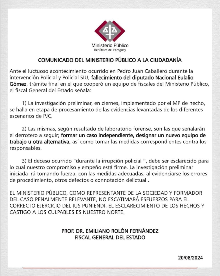 El comunicado del fiscal general del Estado, Emiliano Rolón, sobre muerte del diputado cartista Eulalio "Lalo" Gomes.