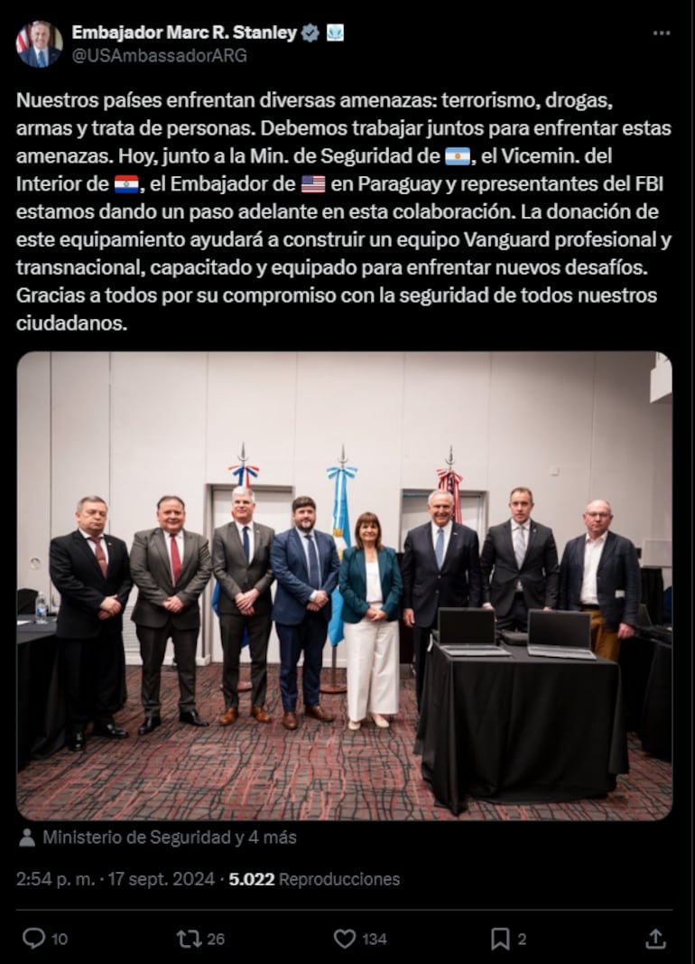 Reunión de embajadores de Estados Unidos en Argentina y Paraguay con representantes de los ministerios de Interior y Seguridad de ambos países y agentes del FBI.