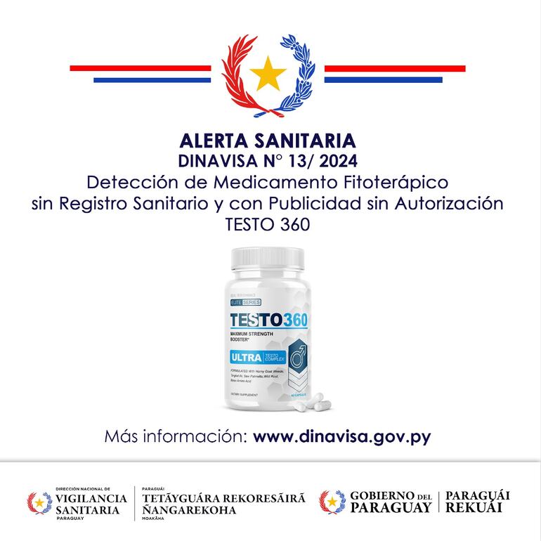 Dinavisa advierte de la presencia sin registro en el merado de Testo 360, medicamento sin registro sanitario.