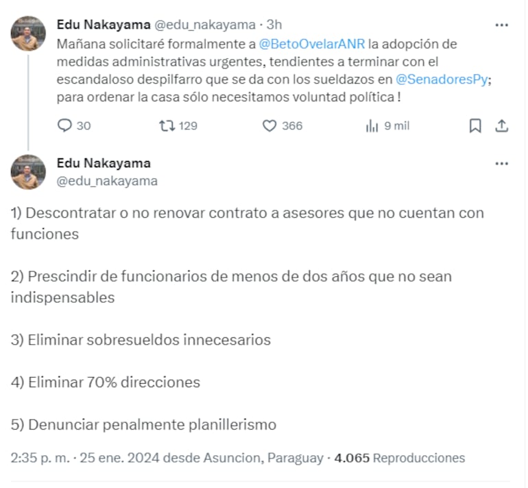 Tweet de Eduardo Nakayama sobre despilfarro en sueldazos en el Congreso Nacional.