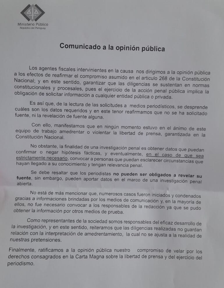 El comunicado de los fiscales.