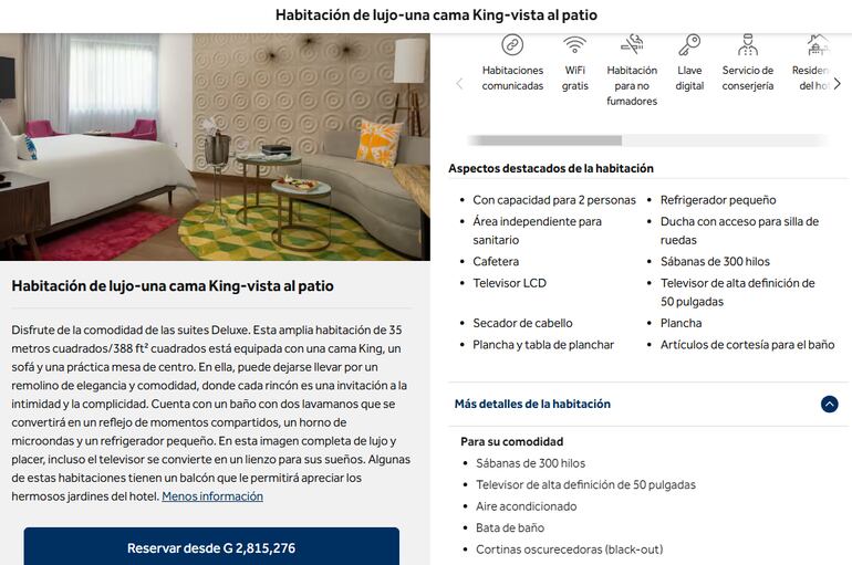 Lujosa habitación en hotel cinco estrellas al que podría ir a vacacionar la testaferro de Wilfrido Cáceres.