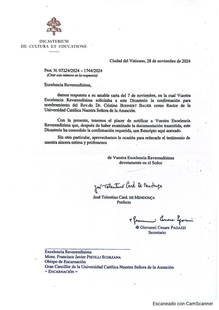 Carta del Dicasterio para la Cultura y la Educación, firmada por el Prefecto, su Eminencia José Tolentino, cardenal de Mendonça.