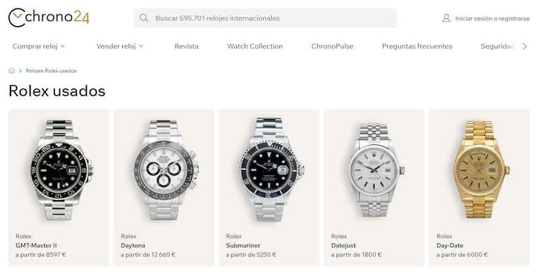 Precios en un sitio web de compra y venta de relojes de lujo.