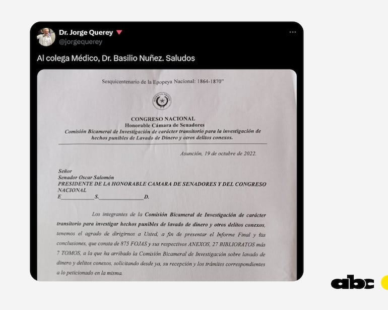 "Al colega médico, Dr. Basilio Núñez. Saludos" escribió en la plataforma X el exsenador.