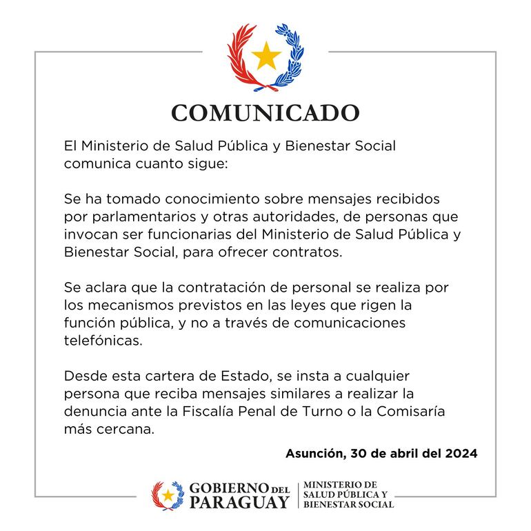 Comunicado del Ministerio de Salud en el que aclara que no contratan a funcionarios públicos mediante llamadas telefónicas que ofrecen cargos tras denuncia de diputados.