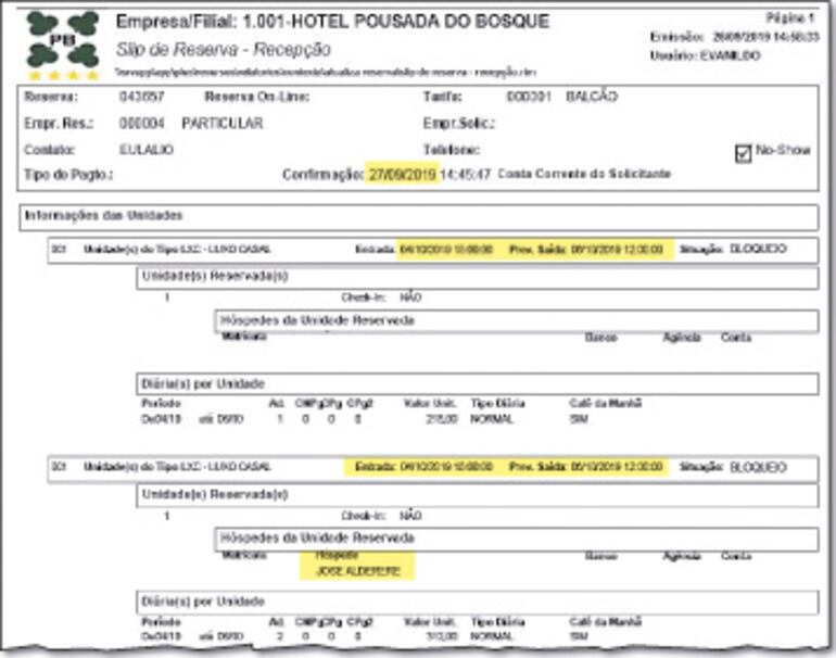 Ticket de reserva del hotel para José Alberto Alderete y cuyo contacto fue Lalo Gomes.