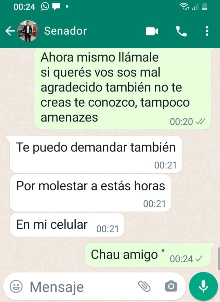 Conversación donde supuestamente Chaqueñito le advierte que le puede demandar.