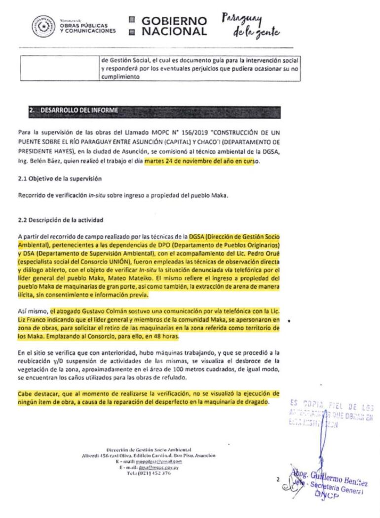 Facsímil de un informe de una inspección realizada por el MOPC en las obras del puente "Héroes del Chaco", en 2020. El documento fue entregado a Contrataciones Públicas en el marco de averiguaciones del contrato, a pedido de pueblo Maka planteado en 2021.