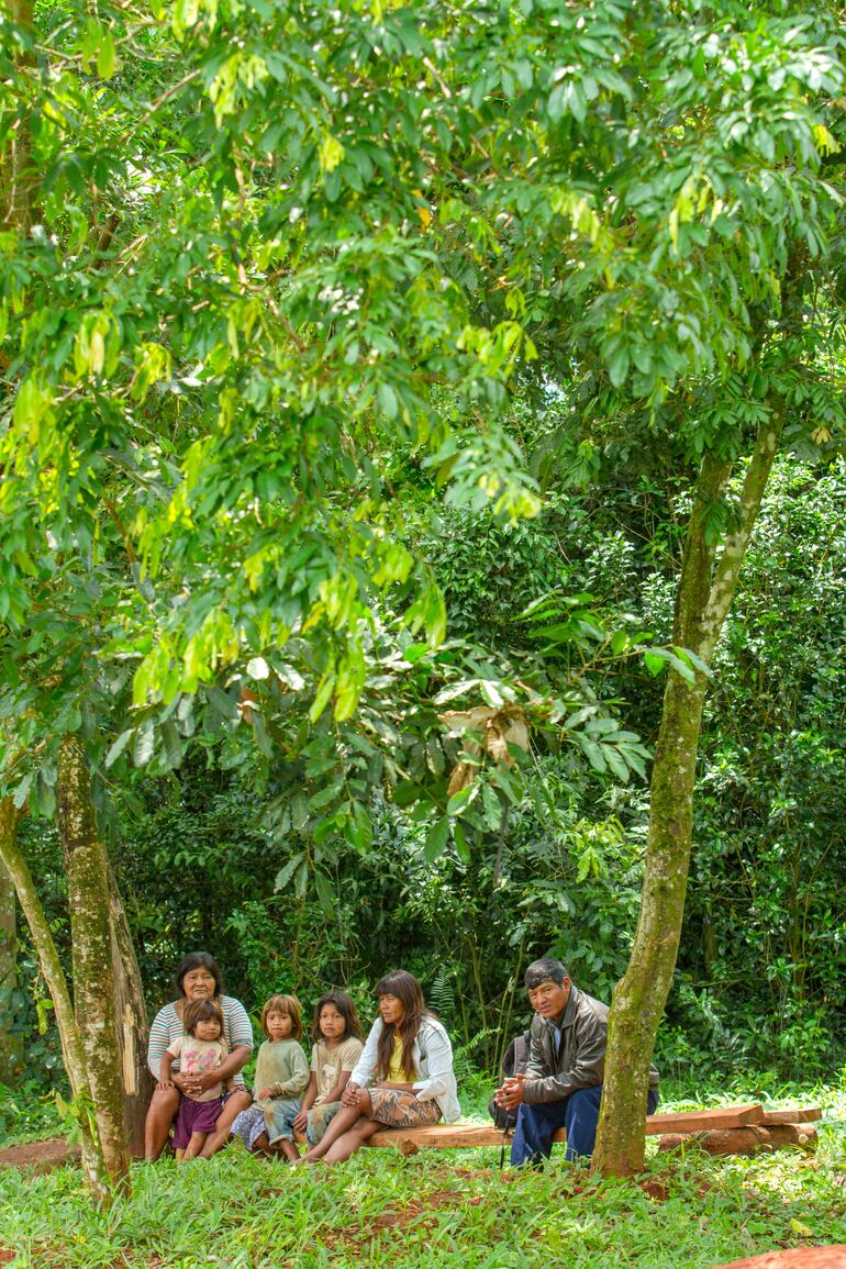 Familia indígena en el Tekoha Guasú, llamado así por el pueblo Mbya Guaraní, a la reserva parque San Rafael. (Fapi)