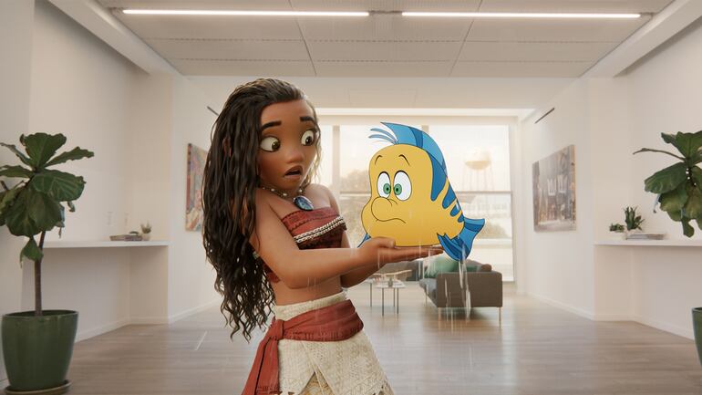 Moana junto a Flounder, el pez amarillo de La Sirenita, en una escena del corto que ya está disponible en Disney+.