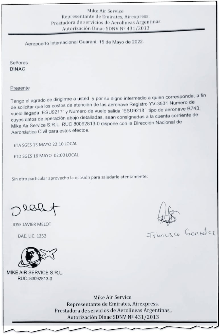 La nota firmada por José Melot, exfuncionario de la Dinac, en la que su empresa asume  gastos del avión.