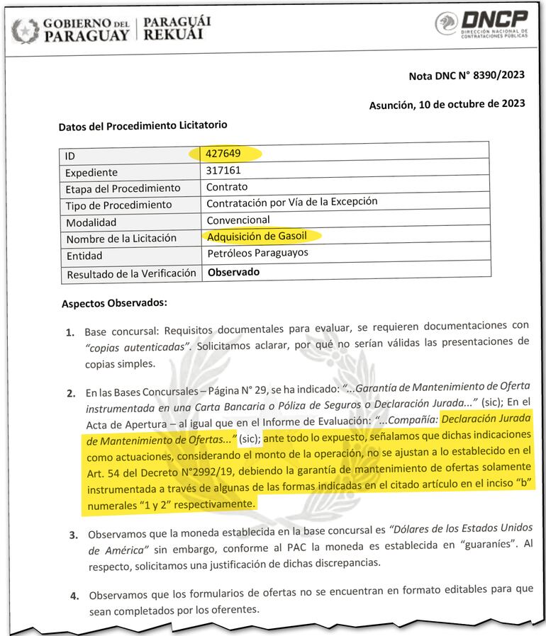 Contrataciones verificó que la garantía de mantenimiento de oferta presentada no corresponde.