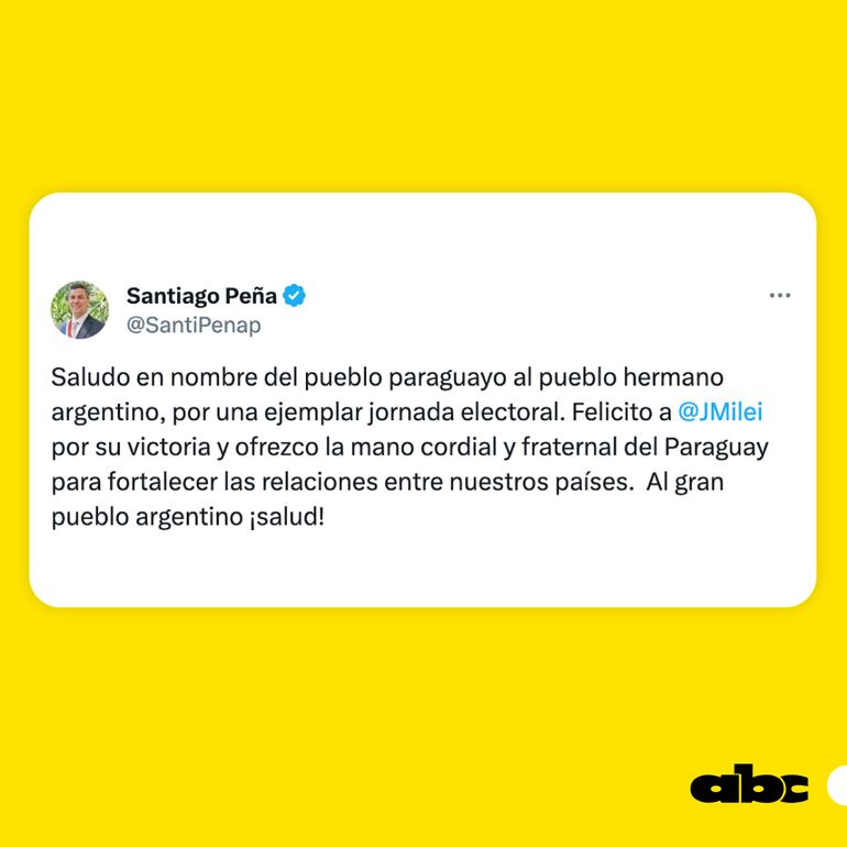 Felicitación de Santiago Peña a Javier Milei.