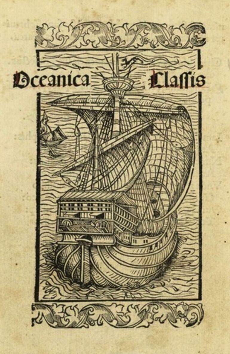 Epígrafe de la ilustración: Grabado de la "Epistola de insulis nuper inventis", de Cristóbal Colón, Basilea, 1494.