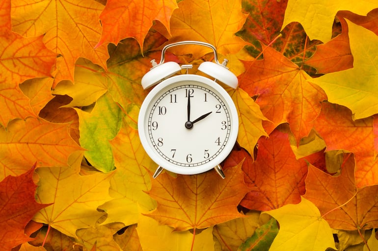 Reloj despertador contra un fondo de hojas otoñales.