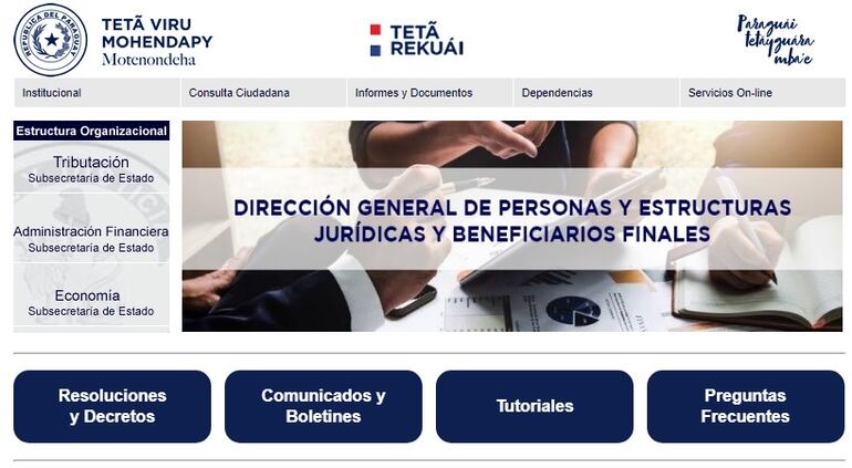 Portada de la página web de la institución dependiente del Ministerio de Economía y Finanzas.