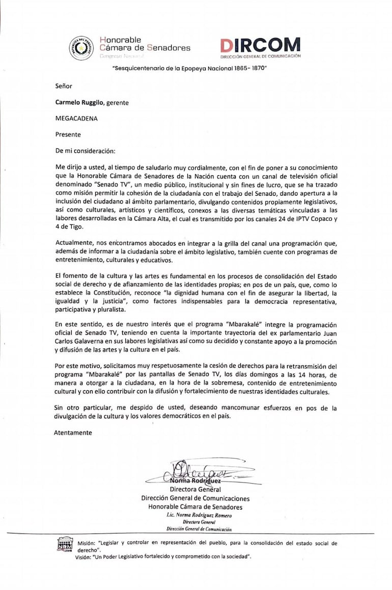 Nota de la Dirección de Comunicaciones, a cargo de Norma Rodríguez, solicitando la retransmisión del programa de TV del exsenador colorado cartista para Senado TV.