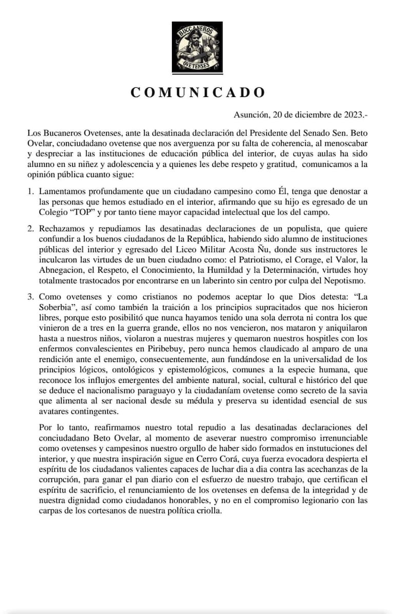 Comunicado emitido por, Los Bucaneros de Coronel Oviedo.