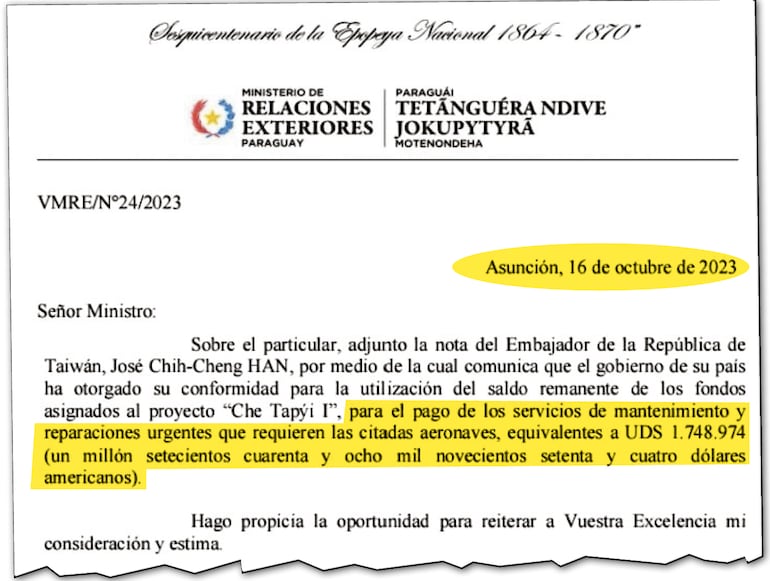 Nota enviada el 16 de octubre de 2023 en la cual se informa al Ministerio de Economía y Finanzas.