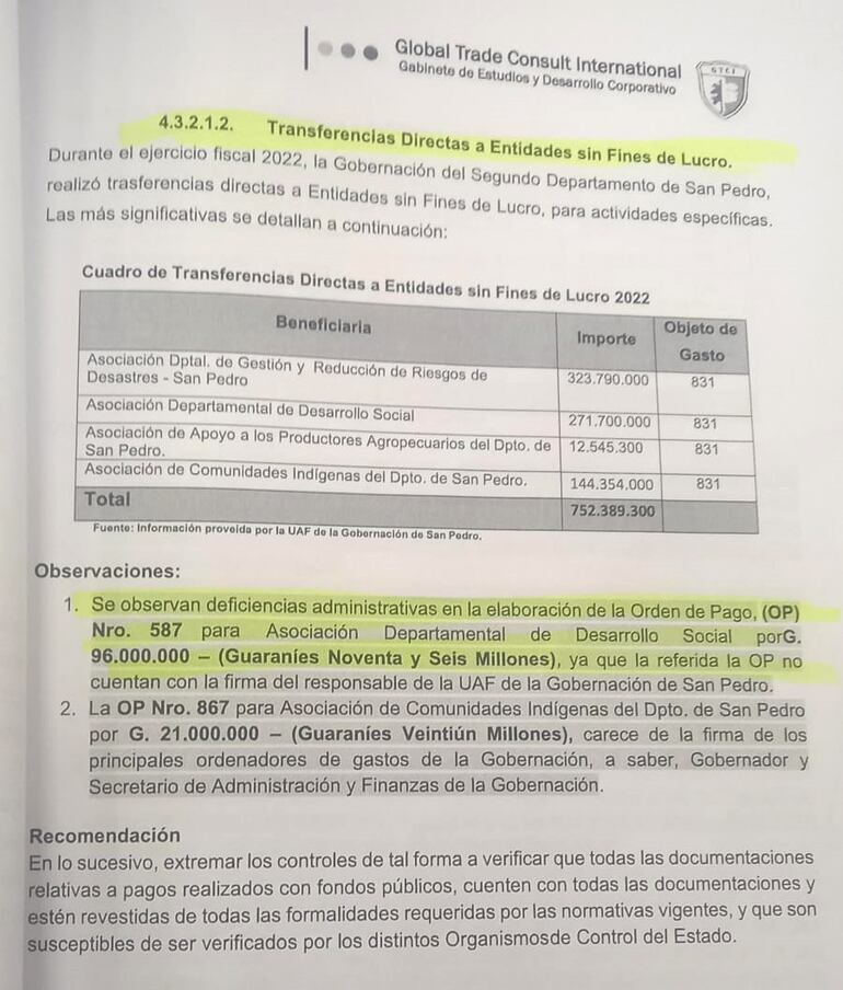 Reporte de auditoría externa sobre la gestión de Giménez, que también detectó inconsistencias.