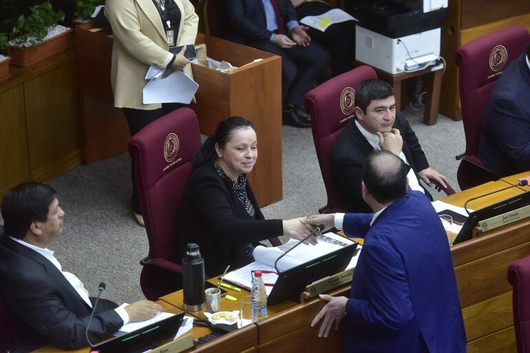 Sesión del Senado. Yolanda Paredes de Cruzada Nacional (centro) y Jose´Oviedo de su misma bancada (derecha).